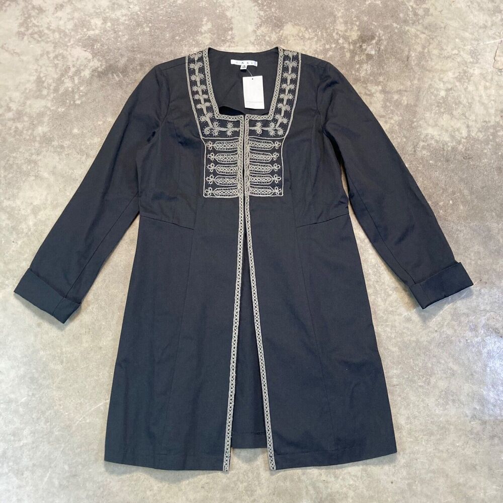 Cabi Jacket Womens Size 8 Black Square Neck Coat Beaded Embroidery Mid Length‎